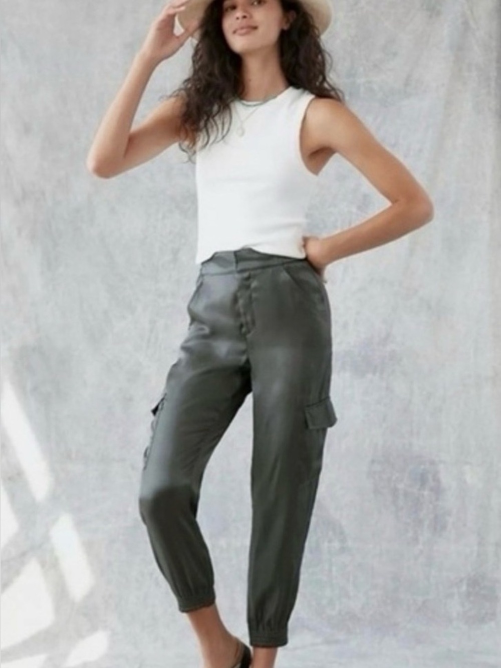 New Anthropologie High Waist Metallic Shimmer Utility Cargo Joggers Pants XS